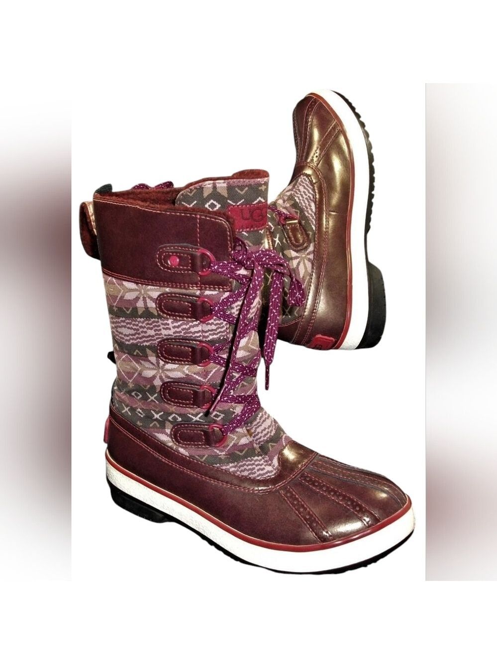 UGG Baroness women's plum leather lace-up mid-calf fair isle duck boots